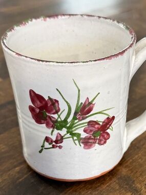 Owens Pottery Redware Floral Mug, Handmade/Painted Vintage Seagrove NC